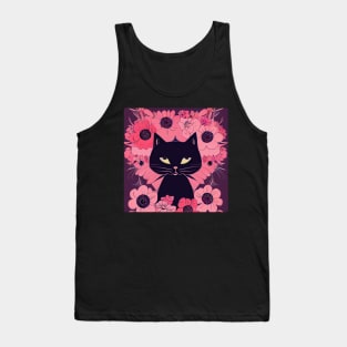 Mystical Black Cat Surrounded by Enchanting Pink Flowers Tank Top